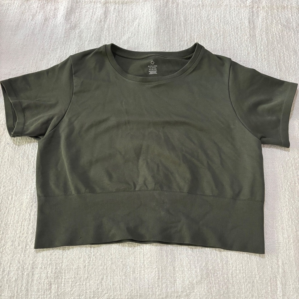 OFFLINE by Aerie Women XL Olive Green Seamless Ribbed Hem Cropped Workout Top